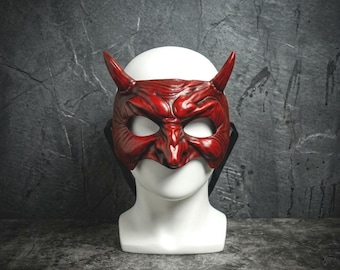 Bloody Red Devil Demon Mask, Horned Masquerade Half Face, Scary Cosplay Halloween Costume