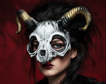 Scary Vampire Cat Skull Mask - Adult Halloween Masquerade Devil Demon with Ram Krampus Horns