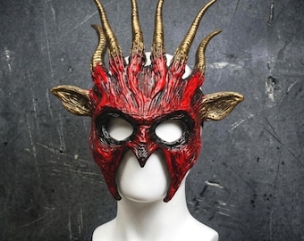 Red Gold Spiked Horn Demon Masquerade Mask – Gothic Fantasy Halloween Costume