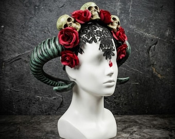 Green Horn Headband Gothic Skull Red Roses, Krampus Ram Headpiece, Black Lace Flower Headband, Day of the Dead Devil Witch Fairy Headdress