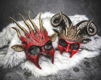 Red Devil Ram Horns Mask | Gold Lace Krampus Spiked Demon Mask
