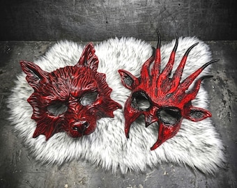 Red Wolf Demon Couple Masks | Bloody Gothic Horned Horror Masquerade Cosplay