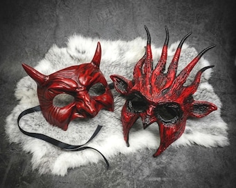 Red Devil Horned Couple Masks | Spiked Spooky Halloween Costume Set