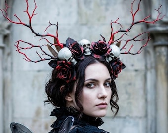 Red Rose Black Gothic Skull Antler Horns Headband - Dark Fantasy Tree Branch Flower Headdress, Adult Halloween Costume Day of the Dead