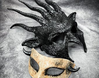 Masquerade Couple Masks for Halloween - Half & Full Face Devil Mask Mask, Demon Mask with Horns, Fire Flame Devil Scary Mask