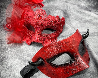 Red Masquerade Party Couple Mask | Luxury Feather Venetian Women Mask Mardi Gras Lace Eye Mask, Men's Halloween Ball Masquerade Devil Horns