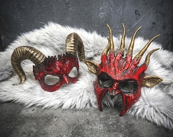 Couple Devil Masks | Red Ram Horn Scales, Spiked Gothic Costume Set