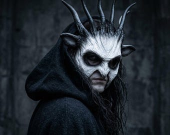 White Black Devil Horned Mask, Gothic Spiked Demon Masquerade Costume Accessory