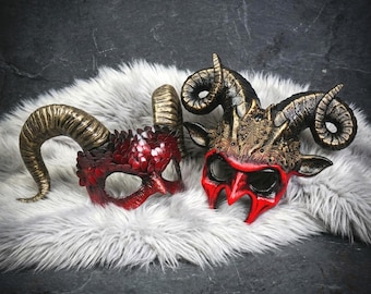 Gold Horn Couple Masks | Scaled Devil, Ram Demon, Masquerade Costume Set