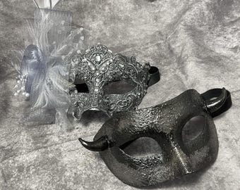 Grey Lace Feather Mask & Devil Horns Couple Set | Venetian Masquerade Ball Masks