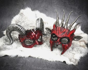 Couple Devil Horn Masks | Silver Ram Scales, Spiked Gothic Halloween Costume