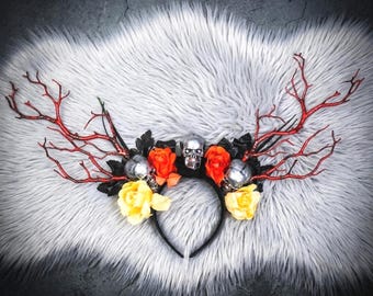 Gothic Skull Antler Headband – Dark Fantasy Roses, Branches, Halloween Accessory