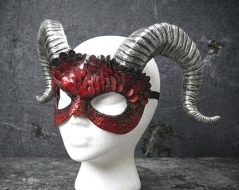 Red Dragon Scale Horned Masquerade Mask – Antique Silver Krampus Ram Horns