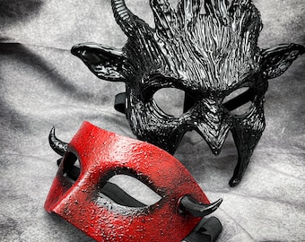 Black & Red Couples' Halloween Masquerade Mask Costume - Spiked Horns Fire Devil Mask Face Cosplay, Half Face Demon Mask with Horns