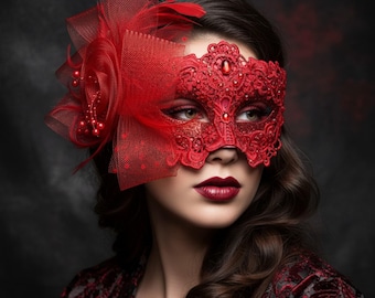 Red Lace Masquerade Mask | Floral Feather Venetian Ball Costume