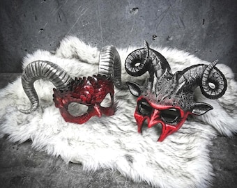 Red Devil Horn Couple Masks | Scaled Dragon, Ram Demon Masquerade Costume