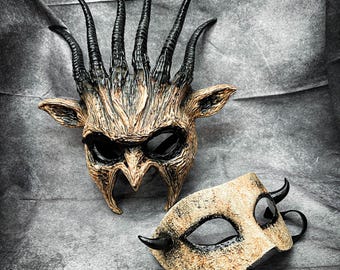 Realistic Masquerade Couple Masks - Gothic Demon devil Mask & Venetian Half Face | Halloween Ball, Carnival, Cosplay Costume