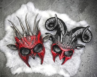 Red Devil Ram Horns Mask, Silver Lace Spiked Horned Mask, Couple Costume Accessories