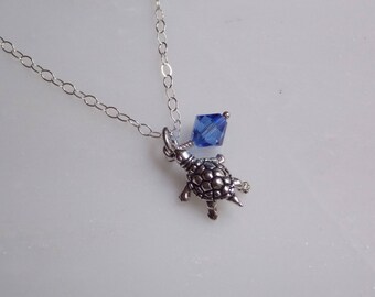 Sterling Silver Turtle and Swarovski Crystal necklace,  Sterling Silver Pendant necklace,  September Birthstone