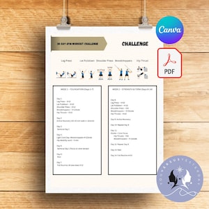 May include: A white printed workout challenge sheet with a 30-day gym workout plan. The plan includes exercises like leg press, lat pulldown, and hip thrusts. The sheet is held by a metal clip on a wooden background.