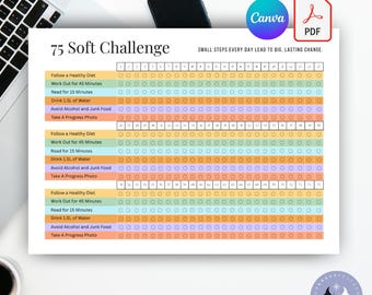 75 ソフトチャレンジトラッカーテンプレート、フィットネス＆健康ジャーナル（デジタルダウンロード）
