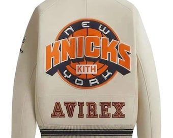 Chaqueta bomber de cuero Avirex Knicks Kith New York, edición limitada de piel de vaca auténtica, estilo universitario vintage para hombre.