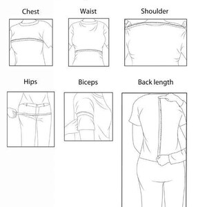 May include: A black and white diagram titled "Women's Body Measurement Guide" with illustrations showing how to measure chest, waist, shoulder, hips, biceps, and back length. The guide uses a measuring tape to show the measurement points.