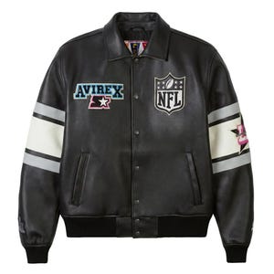 May include: Black leather jacket with white and gray stripes on the sleeves. Features the Avirex and NFL logos, along with other patches. The jacket has a button-up front and a collar.