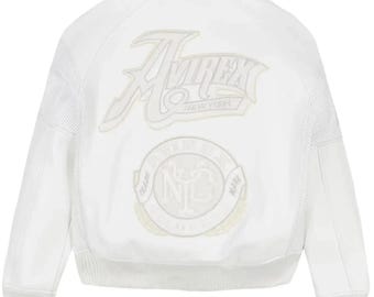 Giacca bomber Avirex in pelle bianca, realizzata a mano, con logo Gold Club ricamato. Vera pelle bovina, regalo per lei e regalo per lui.