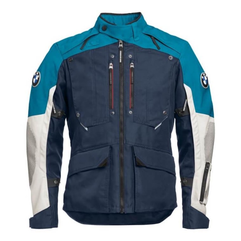 May include: A navy blue and teal motorcycle jacket with white accents. The jacket features a full-length zipper, multiple pockets, and the BMW logo on the sleeves. The jacket has a high collar and reinforced panels for protection.