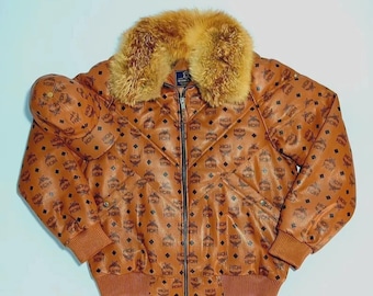 New Men’s MCM Cognac Monogram Handmade Leather Puffer Jacket with Fur Collar & Hat  Luxury gift for him