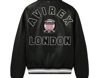 Giacca bomber in pelle vintage fatta a mano con icona Avirex London, giacca da aviatore da uomo