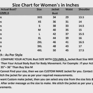 May include: A size chart for jackets, with bust, waist, shoulder, and sleeve measurements in inches. The chart includes sizes from XXS to 4XL, with bust sizes ranging from 29 to 46 inches. Additional notes are included.