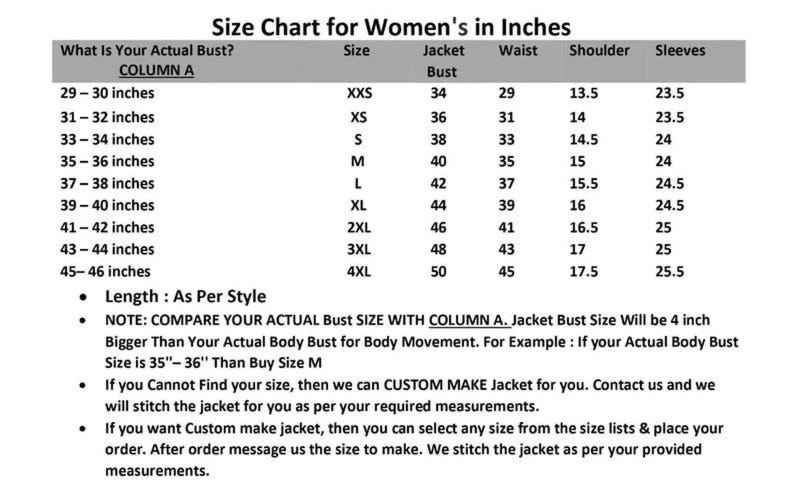 May include: Size chart for jackets, showing bust, waist, shoulder, and sleeve measurements in inches. Includes sizes from XXS to 4XL, with bust sizes ranging from 29 to 46 inches. Provides instructions for custom jacket orders.