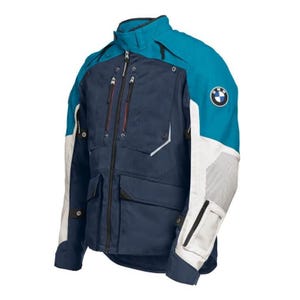 May include: A navy blue and teal motorcycle jacket with white accents. The jacket features multiple zippered pockets, a high collar, and the BMW logo on the sleeve. The jacket has a mesh panel on the sleeve.