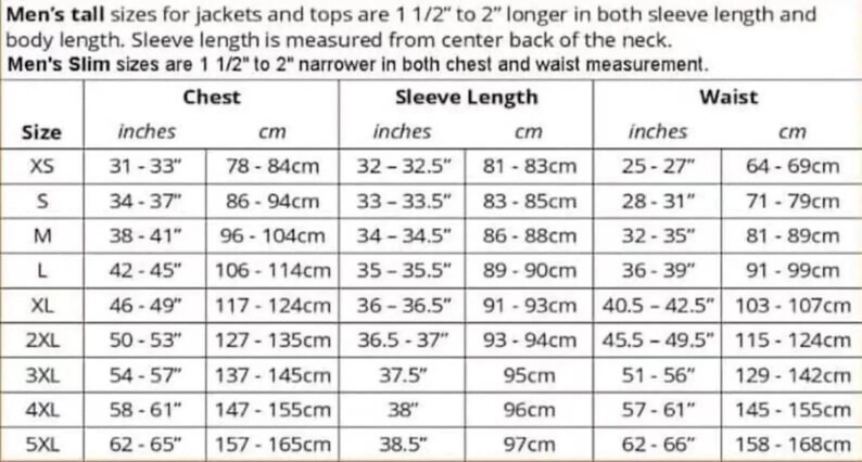 Pu&ograve; includere: Tabella delle taglie per uomo, con misure di petto, lunghezza manica e vita in pollici e centimetri. Taglie dalla XS alla 5XL, con note su vestibilit&agrave; alte e slim per giacche e top.