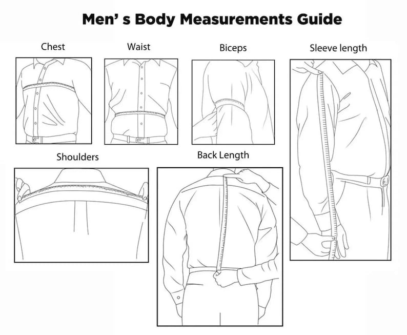 May include: A black and white diagram titled "Men's Body Measurements Guide." The guide illustrates how to measure chest, waist, biceps, sleeve length, shoulders, and back length. Each measurement is shown with a person wearing a button-down shirt.