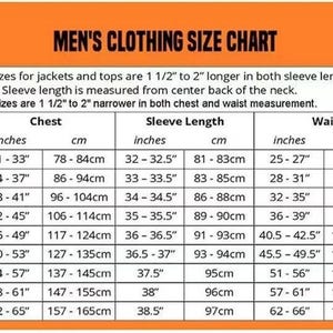 May include: A size chart for men's clothing, with chest, sleeve length, and waist measurements in inches and centimeters. The chart includes sizes XS to 5XL, with corresponding measurements for jackets and tops.