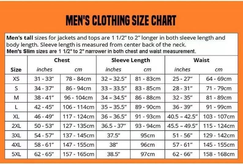 May include: A size chart for men's clothing, with chest, sleeve length, and waist measurements in inches and centimeters. The chart includes sizes XS to 5XL, with corresponding measurements for jackets and tops.