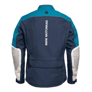 May include: A navy blue and teal motorcycle jacket with the text "BMW MOTORRAD" printed vertically on the back. The jacket has white mesh panels on the sleeves and a small pocket at the lower back.
