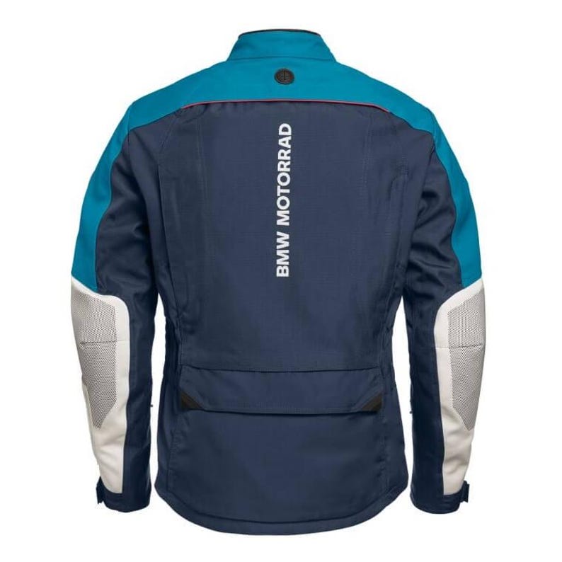 May include: A navy blue and teal motorcycle jacket with the text "BMW MOTORRAD" printed vertically on the back. The jacket has white mesh panels on the sleeves and a small pocket at the lower back.