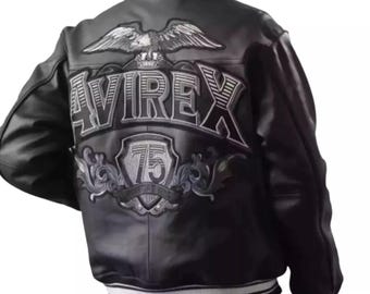 Chaqueta bomber Avirex de cuero negro para hombre, hecha a mano / Estilo piloto de 1975