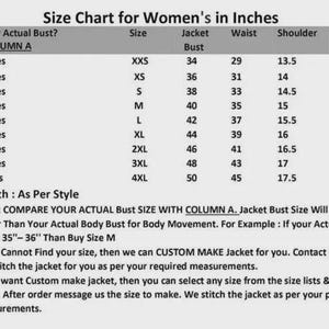 May include: A size chart for jackets, displaying bust, waist, shoulder, and sleeve measurements in inches. The chart includes sizes from XXS to 4XL, with bust sizes ranging from 29 to 46 inches. Additional notes are included regarding custom sizing.