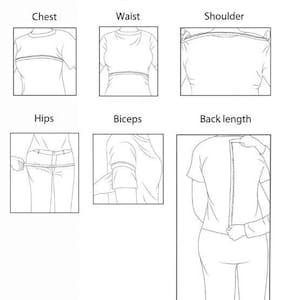 May include: A black and white diagram titled "Women's Body Measurement Guide" with illustrations showing how to measure chest, waist, shoulder, hips, biceps, and back length. The guide uses a measuring tape to show the measurement points.
