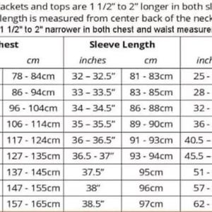 May include: A size chart for men's jackets and tops, detailing chest, sleeve length, and waist measurements in inches and centimeters. Includes sizes XS to 5XL, with specific notes on tall and slim fits.