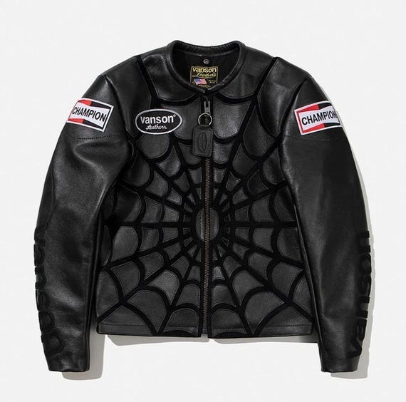 Vanson, Vanson Leathers Spider Web Jacket | Vintage Black Cowhide Moto Biker Jacket with Racing Patches | Men's Streetwear Outerwear gift for him