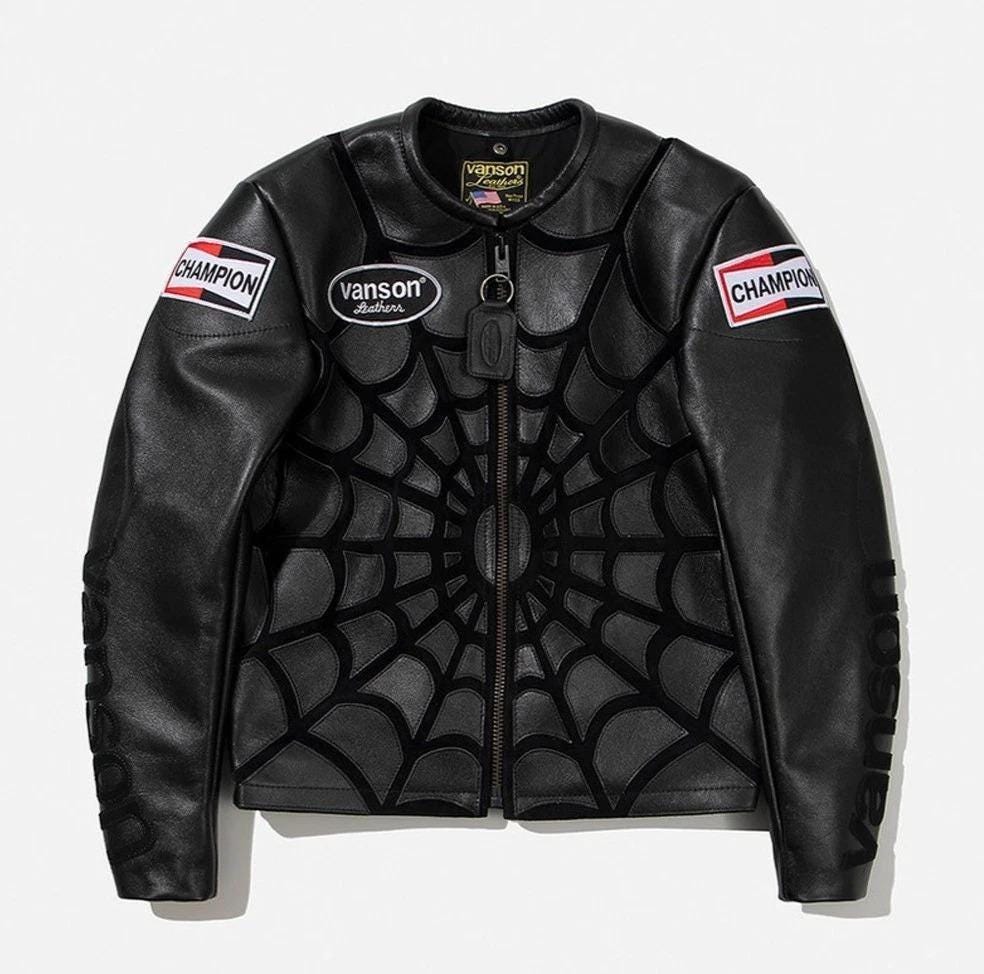 Vanson, Vanson Leathers Spider Web Jacket | Vintage Black Cowhide Moto Biker Jacket with Racing Patches | Men's Streetwear Outerwear gift for him