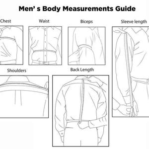 May include: A black and white diagram titled "Men's Body Measurements Guide" showing how to measure chest, waist, biceps, sleeve length, shoulders, and back length. Each measurement is illustrated with a person wearing a button-down shirt.