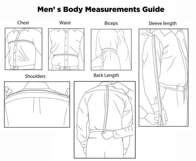 May include: A black and white diagram titled "Men's Body Measurements Guide" showing how to measure chest, waist, biceps, sleeve length, shoulders, and back length. Each measurement is illustrated with a person wearing a button-down shirt.