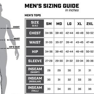 May include: Men's sizing guide in inches. A chart with measurements for chest, waist, hip, sleeve, and inseam (short, regular, tall). Sizes range from SM to 5XL. A diagram of a person shows where to measure.